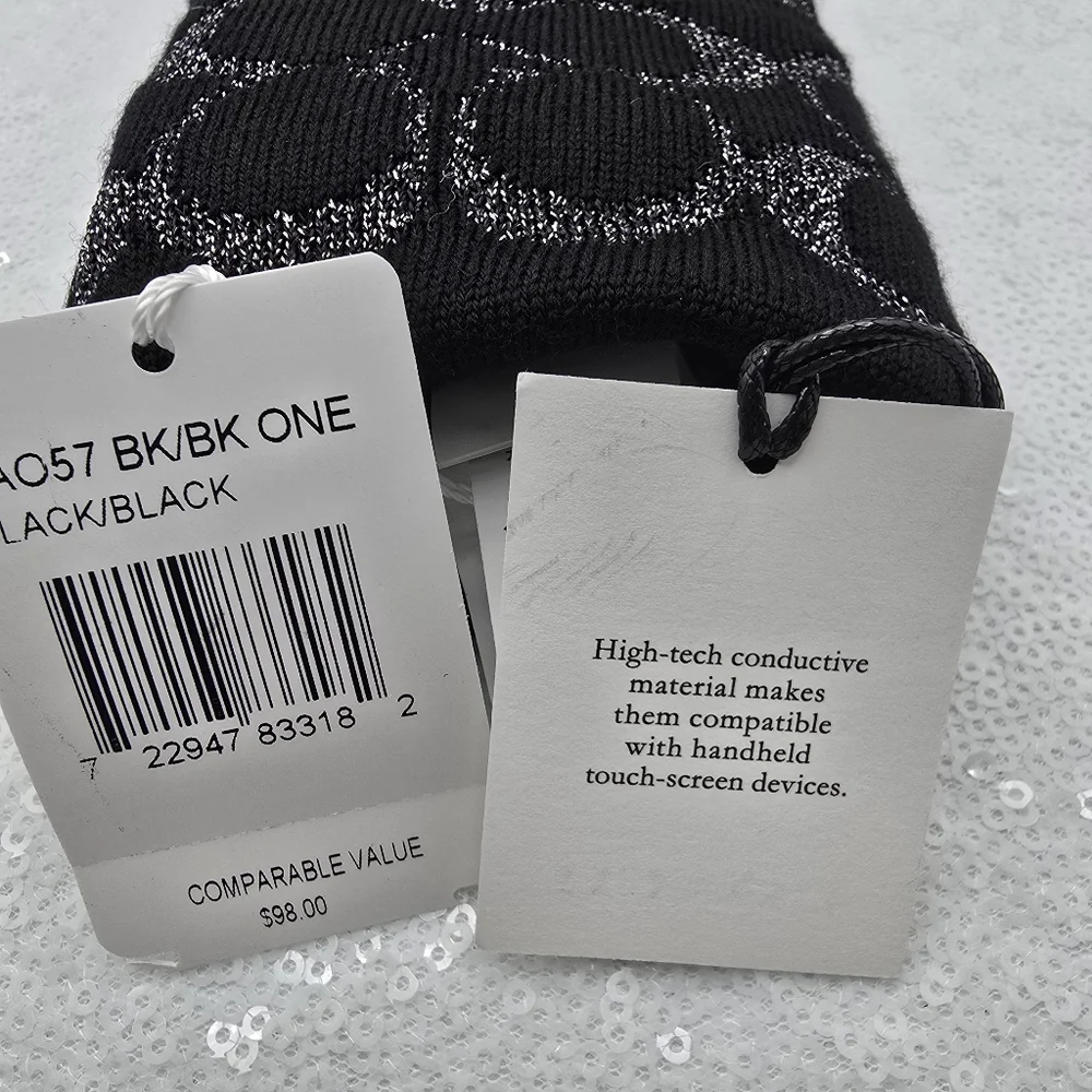 Coach Winter Knit Tech Gloves Black Silver Metallic Merino Warm Wool